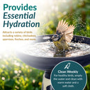 Infographic showing a navy blue and cream pedestal bird bath with a bird splashing in the water, highlighting essential hydration, attracting various birds, and weekly cleaning.