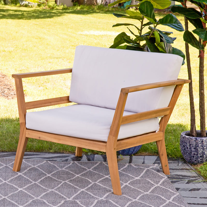 Sunnydaze Bodie Acacia Armchair with Cushions - Club Chair for Patio - Bone White Cushions