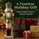 Green and red Christmas nutcracker statue displayed beside wrapped gifts and a decorated Christmas tree, with text reading “A Timeless Holiday Gift” and “Bring Holiday Cheer to Someone Special.”