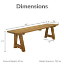Sunnydaze Teak Trestle Bench dimension image, the bench is 60 inches wide, 17 inches tall and 16 inches wide with a product weight of 40 and weight capacity of over 500 lbs
