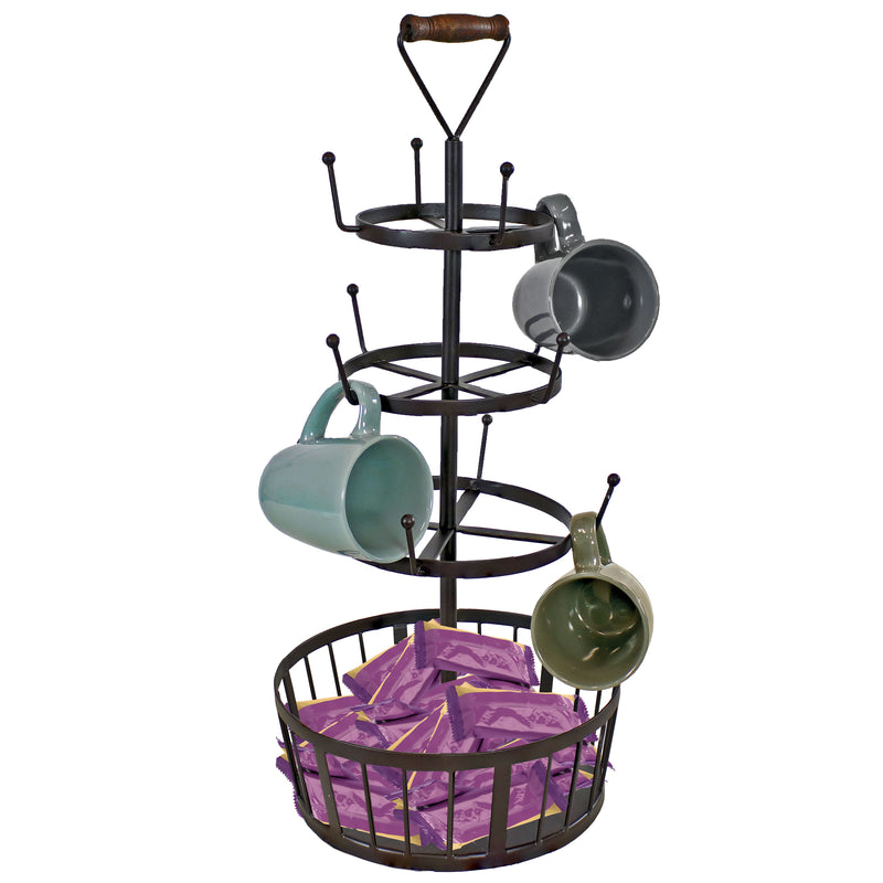 Sunnydaze Round 4-Tier Coffee Mug Tree with Basket - Dark Brown