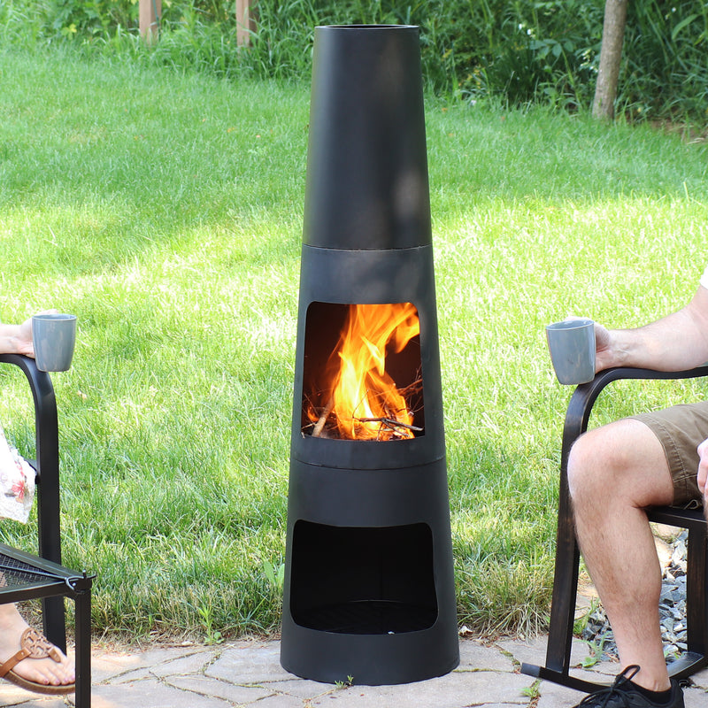 Sunnydaze Steel Outdoor Chiminea Fire Pit with Built-In Log Storage - 49"