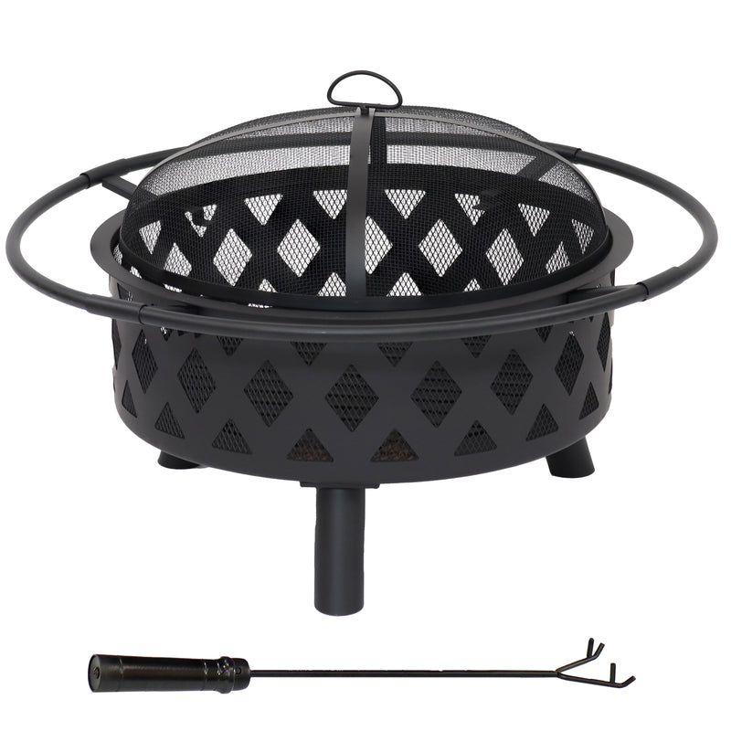 Sunnydaze Black Crossweave Wood Fire Pit with Cover, Spark Screen, Grate, and Poker