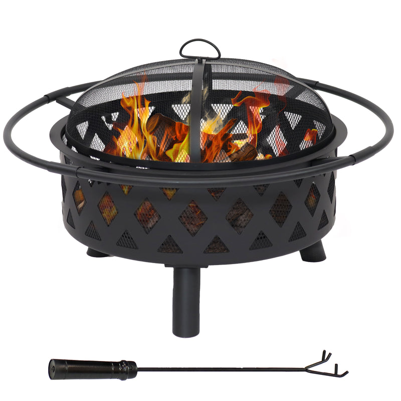 Sunnydaze Black Crossweave Wood Fire Pit with Cover, Spark Screen, Grate, and Poker