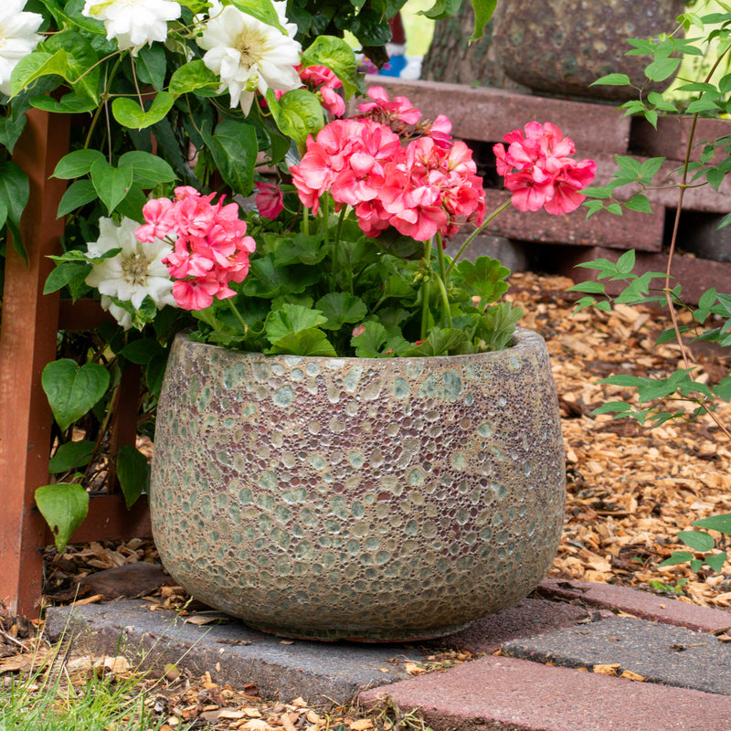 lava plant pots Sunnydaze Round Lava Finish Ceramic Planter - Green Distressed Ceramic