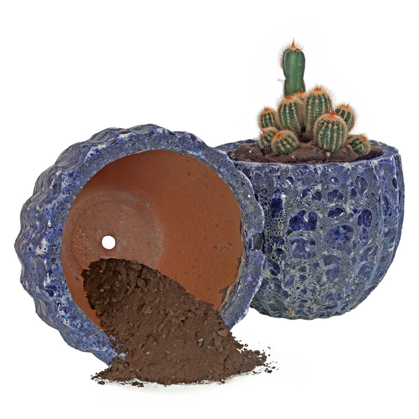 Sunnydaze 10" Ceramic Planter Set of 2 - Dark Blue Fluted Lava Finish
