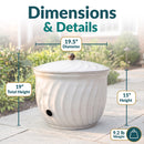 Dimensions and details graphic for the ivory glaze Decorative Metal Garden Hose Holder showing a 19.5-inch diameter, 19-inch total height with lid, 15-inch container height, and 9.2-pound weight.