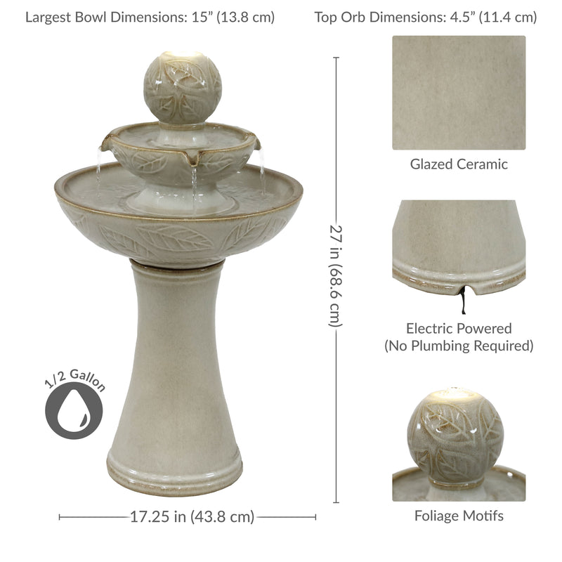 Sunnydaze Gentle Glow 2-Tier Ceramic Outdoor Fountain with LED Lights