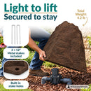 Infographic showing a lightweight, tall, tapered dark brown faux rock cover being lifted over a sprinkler valve in a landscaped garden. Text highlights its 4.2 lb weight, two included 12-inch metal stakes, and built-in stake holes for secure outdoor placement.