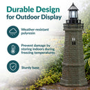 Infographic titled “Durable Design for Outdoor Display” featuring a weathered brown and green lighthouse with callouts highlighting weather-resistant polyresin, indoor storage during freezing temperatures, and a sturdy base.