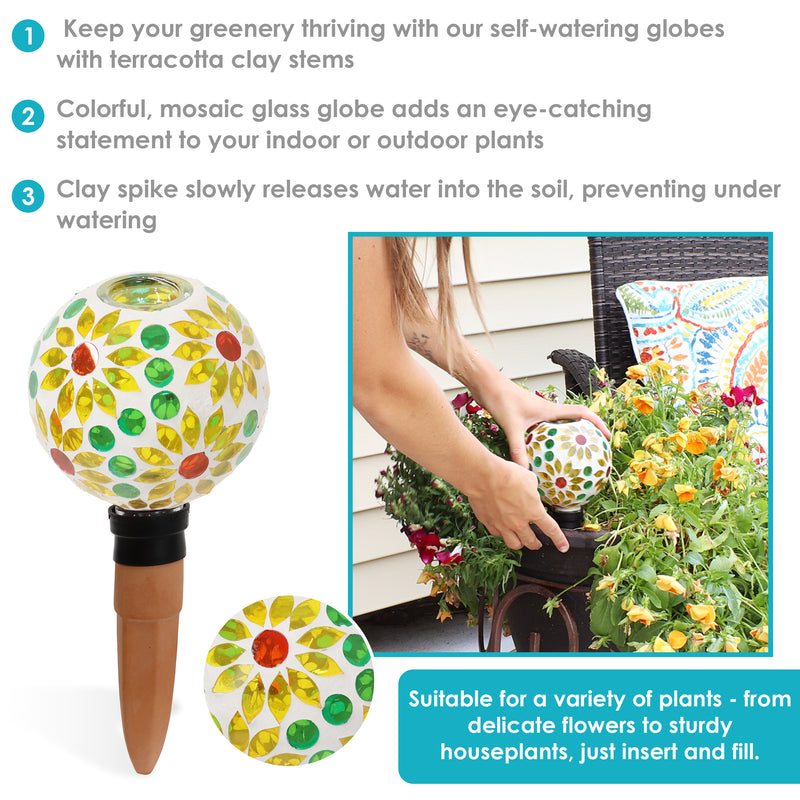 plant waterer self watering globes Sunnydaze Mosaic Glass Plant Watering Globe with Clay Spike