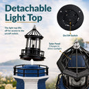 Infographic titled “Detachable Light Top” showing the lighthouse top being removed, with callouts highlighting the on/off switch and solar panel.