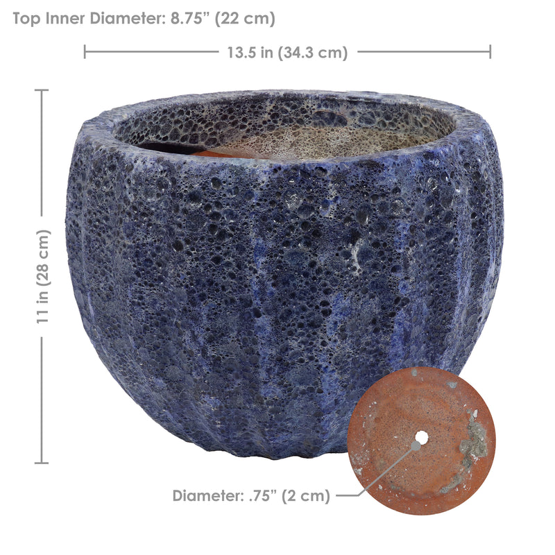 Sunnydaze 13.5" Ceramic Plant Pot - Dark Blue Fluted Lava Finish