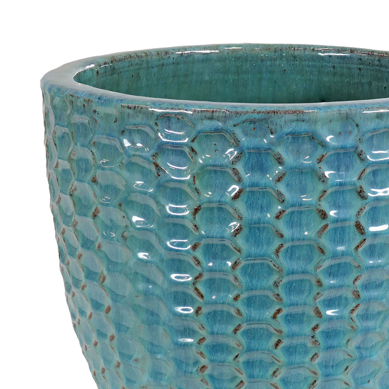 Sunnydaze 14" Ceramic Plant Pot - Turquoise Raised Hexagon Pattern