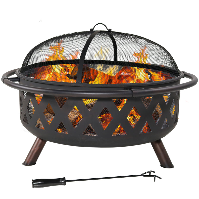 Sunnydaze 36" Black Crossweave Wood-Burning Fire Pit with Spark Screen, Grate, Cover, & Poker Tool