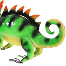 Detail of back body featuring curly tail and orange spikes of a green metal chameleon.