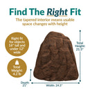 Flat-Top Artificial Garden Rock + Stakes dimension diagram showing the artificial boulder measuring 24.5 inches wide by 21 inches deep by 21.5 inches high and weighing 4.2 pounds. The included stakes each measure 1 inch wide by 12 inches high.