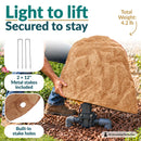 Infographic showing a lightweight, tall, tapered tan faux rock cover being lifted over a sprinkler valve in a landscaped garden. Text highlights its 4.2 lb weight, two included 12-inch metal stakes, and built-in stake holes for secure outdoor placement.