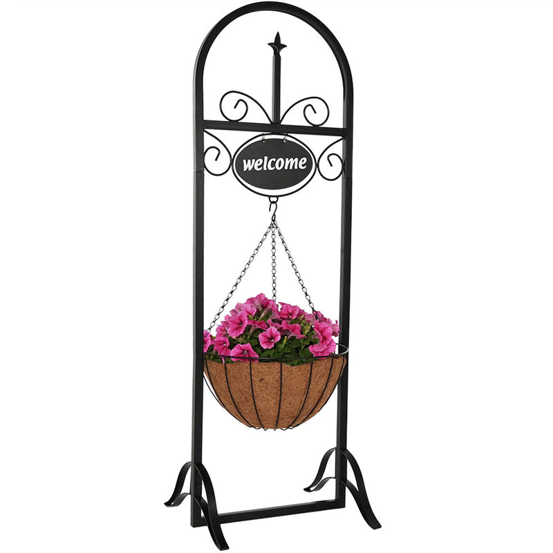 welcome plant hanger Sunnydaze Decorative Welcome Sign and Hanging Basket Planter Stand
