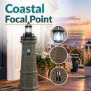 Infographic titled “Coastal Focal Point” featuring a weathered brown and green lighthouse at sunset with callouts highlighting the all-direction LED beacon, charming brick look, and cutout windows.