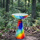 Vibrant multicolored glass birdbath displayed in a wooded garden setting, featuring swirling red, blue, green, and yellow colors.