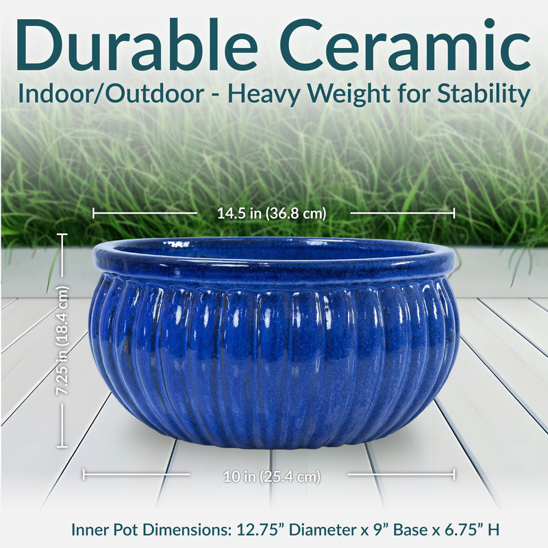 blue ceramic plant pot large Sunnydaze Ribbed Glazed Ceramic Planter Bowl