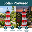 Infographic titled “Solar-Powered” showing a red and white lighthouse illuminated during the day and at night, with callouts for no cords, auto output, an on/off switch, and a 4-hour battery backup.