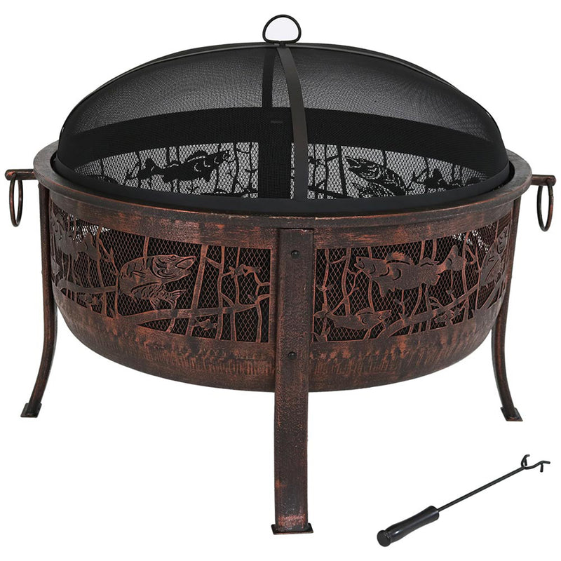 Sunnydaze Northwoods Fishing Fire Pit with Spark Screen - 30" Diameter