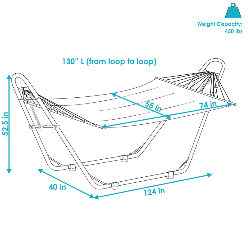 Image with arrows outlining the dimensions of the hammock and stand for the quilted double hammock with multi-use stand.