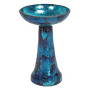 Crackled Glass Mosaic Bird Bath in deep ocean swirl featuring a shallow bowl and tapered pedestal with shimmering blue and turquoise crackled glass mosaic accents.