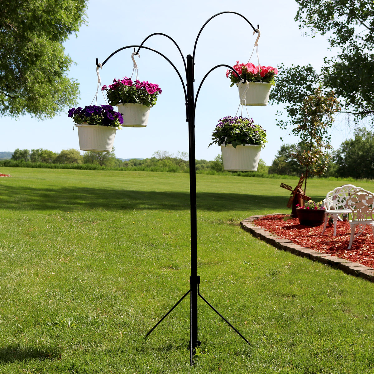swivel arm plant hanger Sunnydaze 4-Arm Hanging Plant Basket Stand with Adjustable Arms 84-inch Tall