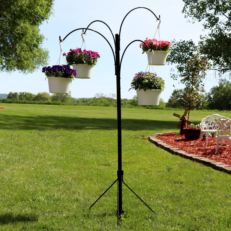 fleur de lis hanging basket plant stand Sunnydaze 4-Arm Hanging Plant Basket Stand with Adjustable Arms 84-inch Tall