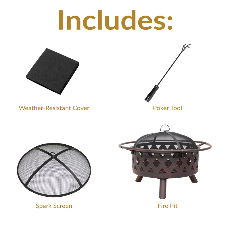 Sunnydaze Bronze Crossweave Wood-Burning Fire Pit with Spark Screen and Poker