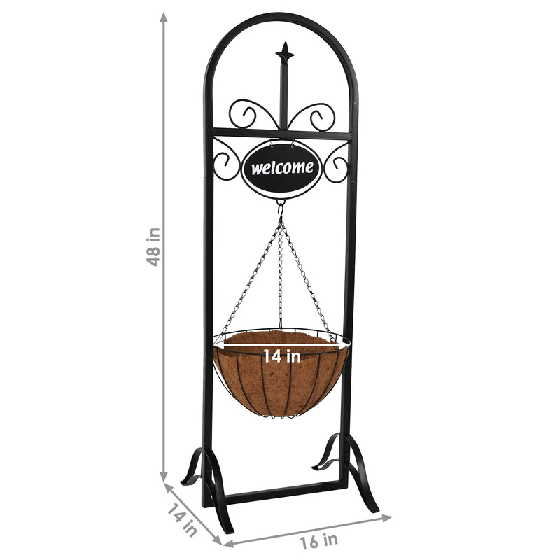 welcome hanging planter Sunnydaze Decorative Welcome Sign and Hanging Basket Planter Stand