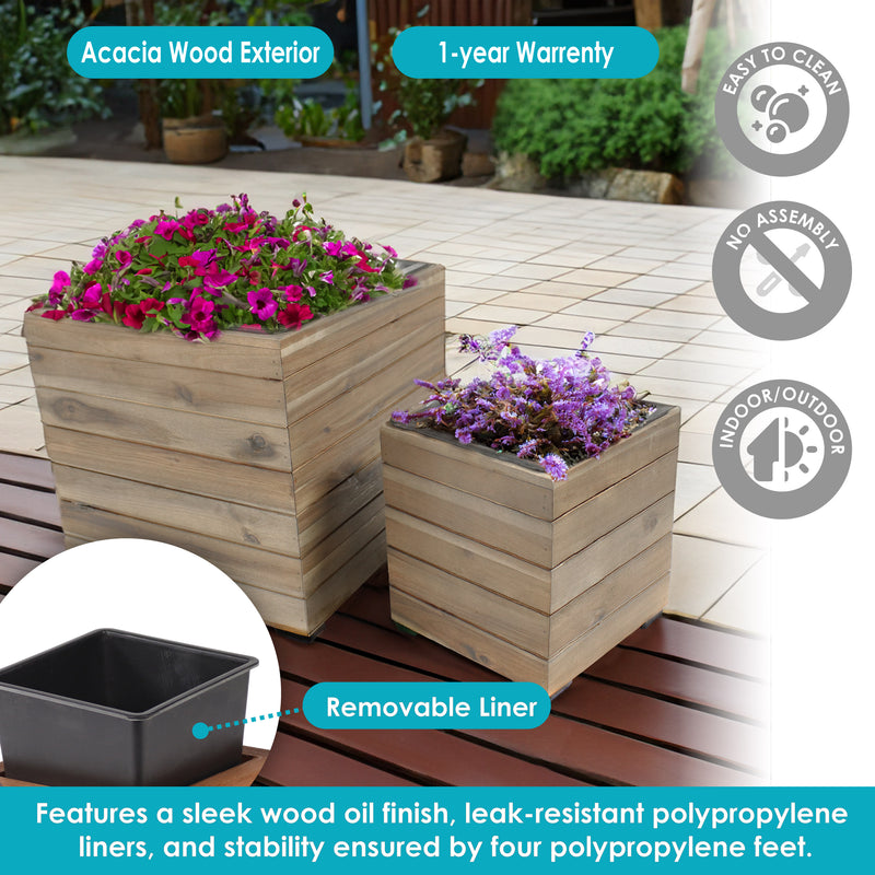 large square plastic planter liners Sunnydaze Outdoor Square Acacia Wood Planter Box with Plastic Liner - 2pk