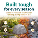 Gray artificial landscape rock displayed in an outdoor garden across changing seasons, highlighting weather-resistant polyresin construction, UV resistance, and protection against rain, snow, cracking, fading, and extreme temperatures.