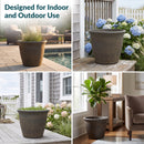 Sunnydaze 15.25-Inch Anjelica Large Plastic Pot for Plants - Outdoor Double-Walled Large Plastic Planter with Drillable Drainage Holes - Sable colored. Designed for indoor and outdoor use, showing a range of imagery of the planter in different settings.