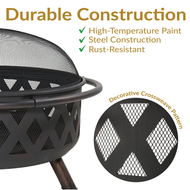 Sunnydaze Black Crossweave Wood Fire Pit with Cover, Spark Screen, Grate, and Poker