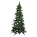 Full front view of an artificial Christmas tree featuring a tall, slender silhouette, realistic green evergreen branches, and a black metal support stand, displayed against a white background.