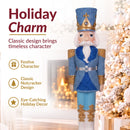 Holiday charm infographic featuring a blue, white, and gold Christmas nutcracker beside a decorated Christmas tree, with callouts highlighting festive character, classic nutcracker design, and eye-catching holiday decor.