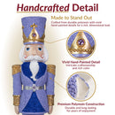 Handcrafted detail infographic featuring a purple, blue, white, and gold Christmas nutcracker with close-up views highlighting vivid hand-painted details and durable polyresin construction.