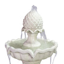 Off white decorative outdoor fountain with a pinecone-shaped finial, scalloped basin, and water flowing from the center into and over the basin.