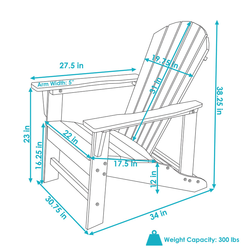 Sunnydaze Upright, All-Weather Adirondack Chair - 300-Pound Capacity - 38.25” H