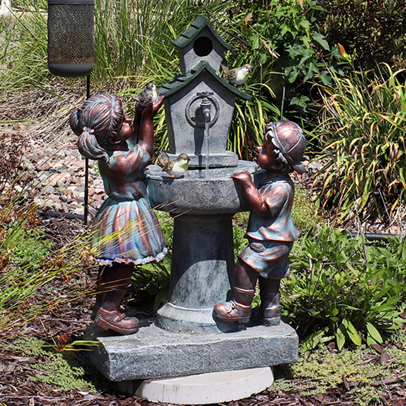 Sunnydaze Boy and Girl with Birds at Birdbath Outdoor Fountain - 30"