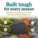 Dark gray faux rock utility cover displayed in a landscaped garden across changing seasons. Text highlights weather-resistant construction, including a crack- and fade-resistant shell, UV-resistant polyresin, rain and snow resistance, and durability in extreme heat and freeze-thaw conditions.