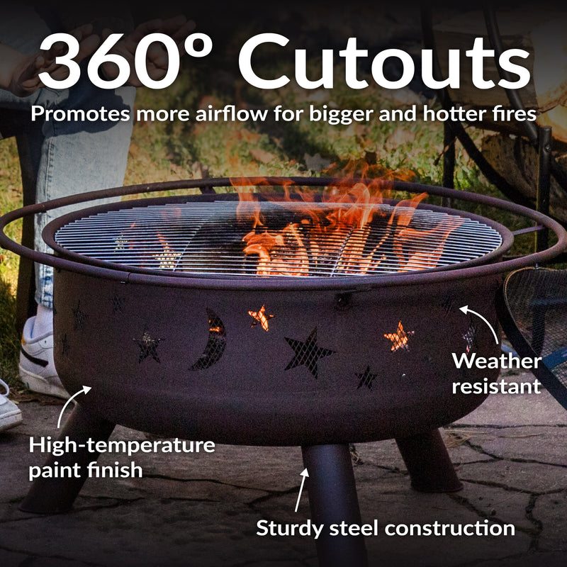 Sunnydaze 30" Cosmic Cooking Fire Pit with Grill Grate & Spark Screen