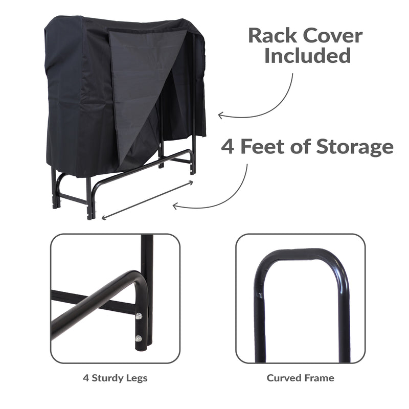 Sunnydaze Outdoor Firewood Log Rack with Cover Combo - Black
