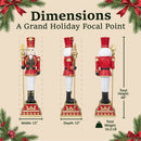 Dimensions infographic for a red and gold Christmas nutcracker king holding a gold scepter, showing front, side, and back views. The statue measures 48 inches high, 12 inches wide, 12 inches deep, and weighs 16.2 pounds.