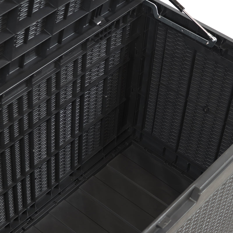 Aerial view of the inside black rattan deck storage box.