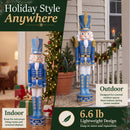 Blue Kristoff Christmas Nutcracker shown in indoor and covered outdoor holiday settings. Lightweight 6.6-pound design is easy to move and reposition for seasonal displays.